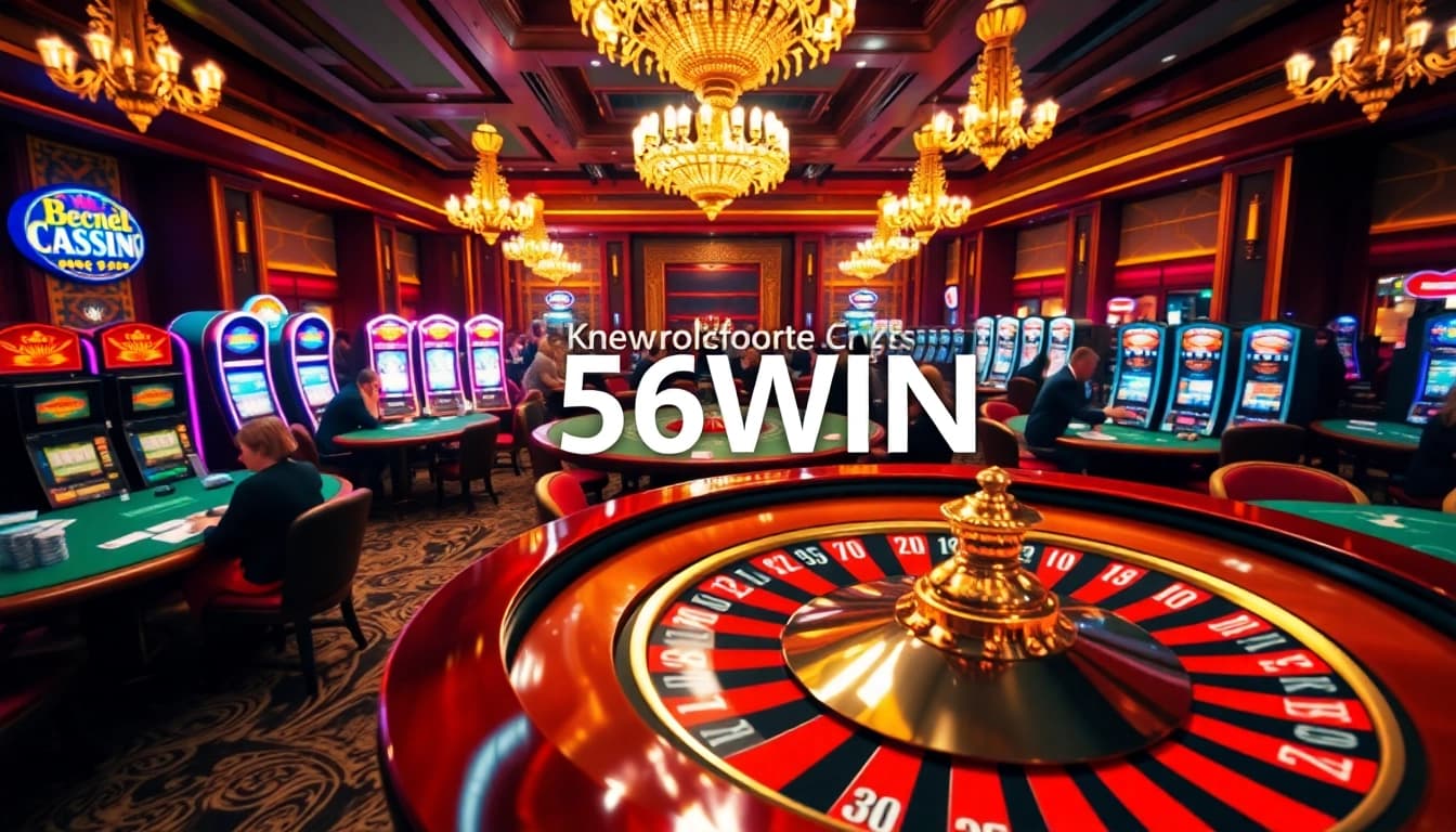 Experience the thrill of 56WIN with luxurious casino tables and vibrant slot machines.