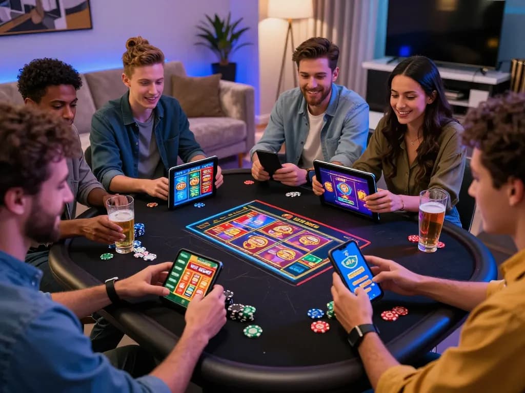 Friends enjoying ligasedayu online gaming experience at home with engaging interaction.
