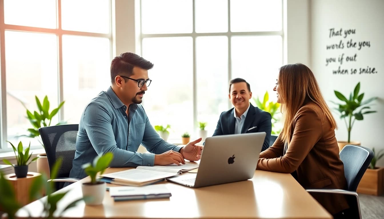 Engaging financial advisor San Antonio assisting clients in a well-lit office environment.