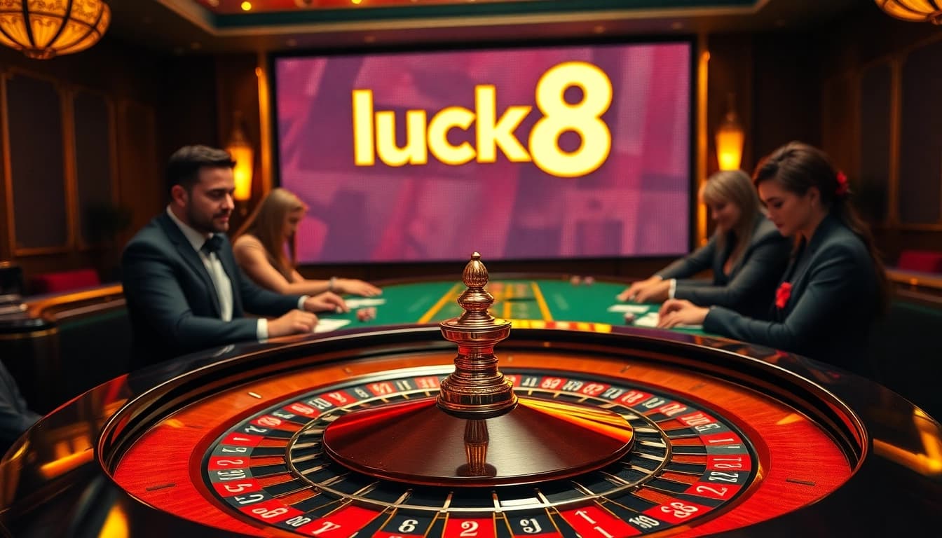 Excited poker players enjoying the thrill of luck8 at a vibrant casino table.