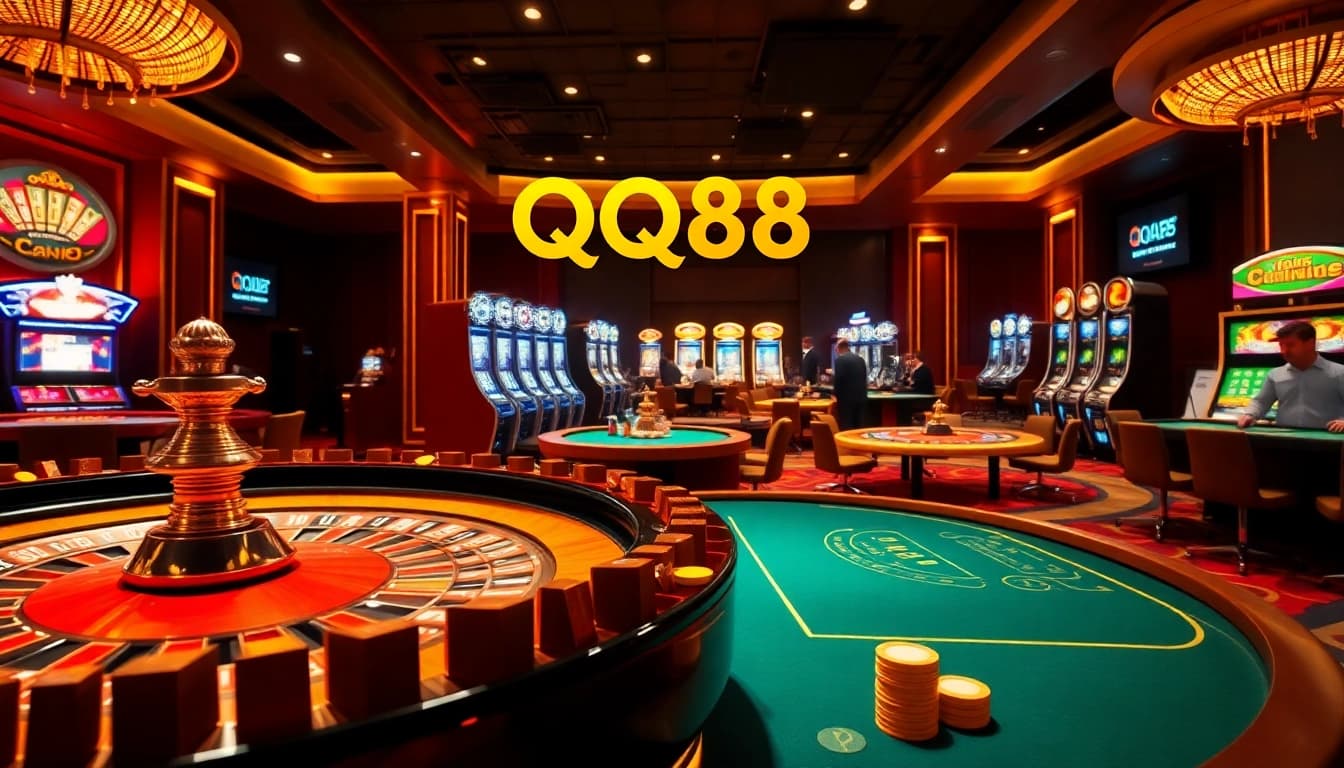 Players enjoy a thrilling moment at QQ88 casino, featuring poker and roulette tables.