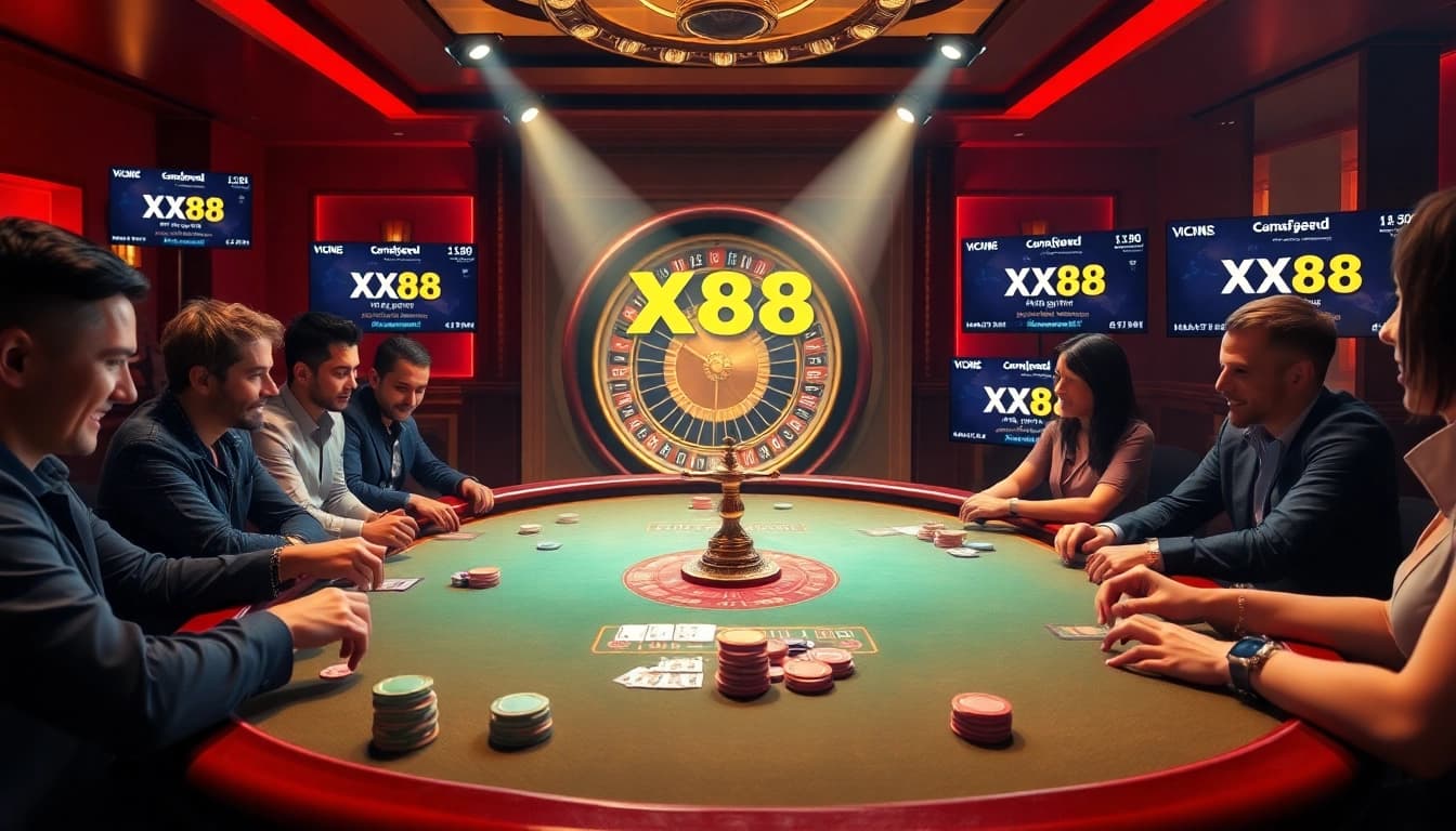 Experience the thrill of XX88 with a luxurious online casino atmosphere filled with poker action and roulette excitement.