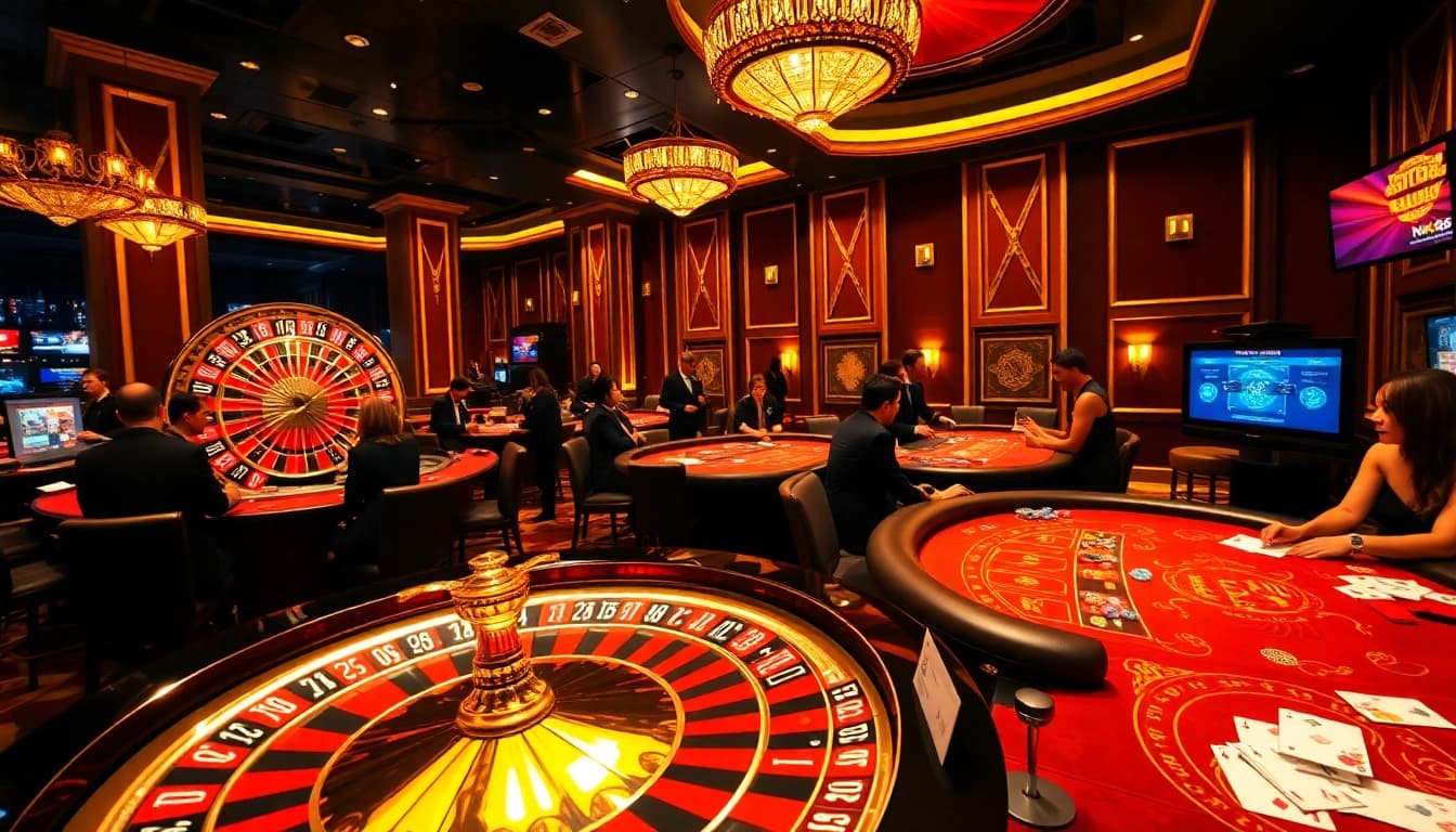 Experience NK88 at a luxurious casino with poker tables and roulette wheels.