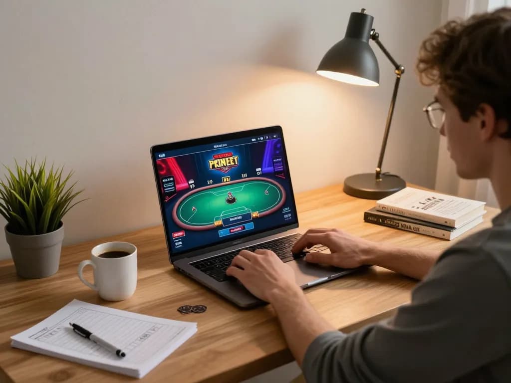 Player enjoying a thrilling online poker game with 678VIP on laptop, showcasing gaming strategy notes and cozy atmosphere.