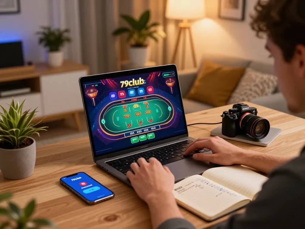 Engaged player experiencing live casino action at 79club on laptop, showcasing responsible gambling