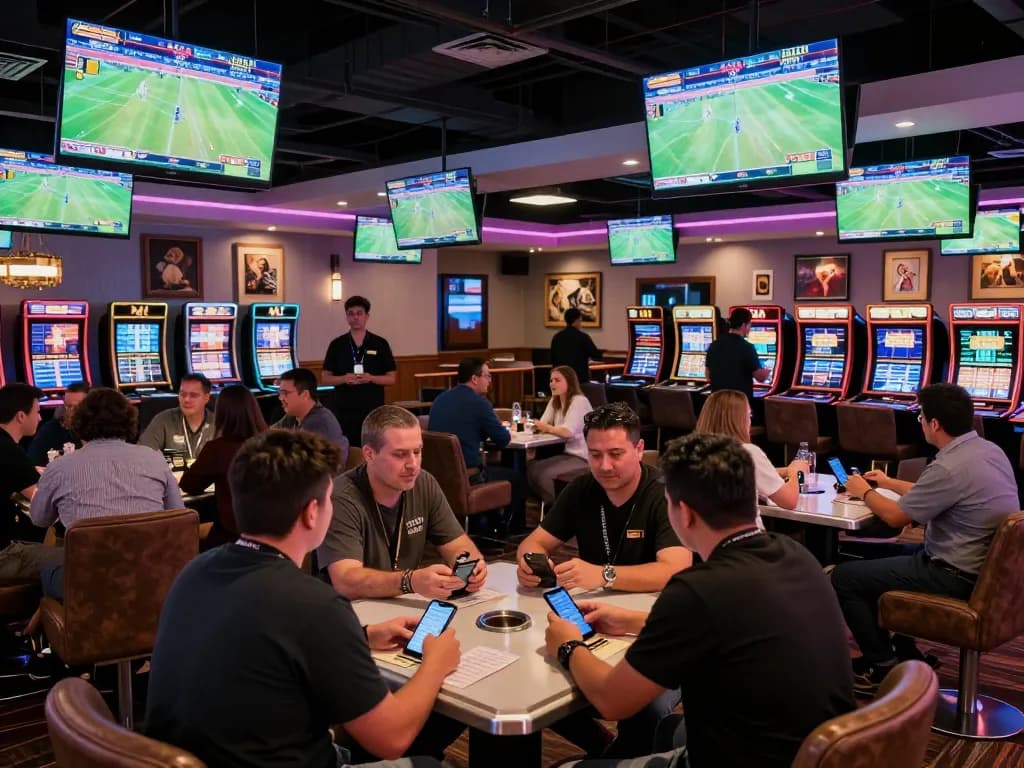 Betting enthusiasts engage with uu88 mobile app while enjoying a vibrant sports lounge atmosphere.