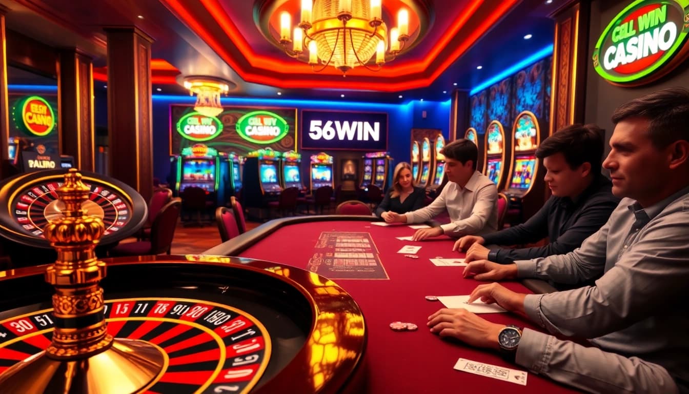 Experience high-stakes poker with a lively 56WIN casino background, showcasing action and excitement.