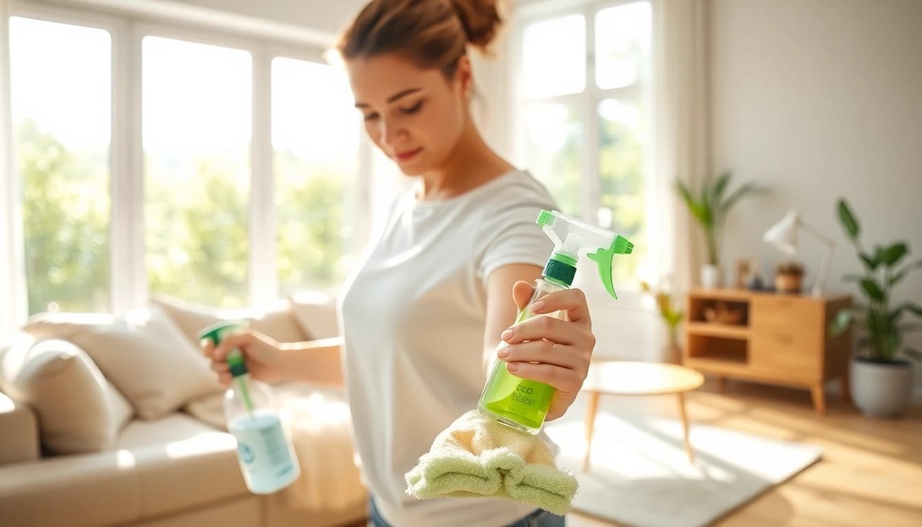 Maintain a professional cleaning service in a bright, inviting living room showcasing eco-friendly products.