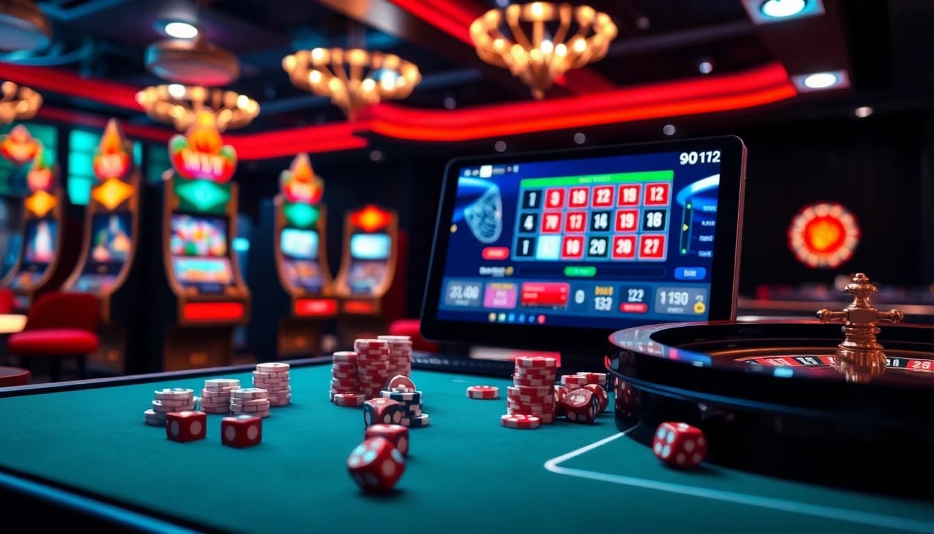 Scène dynamique de casino en ligne avec des tables de jeux en ligne vibrantes, des jetons de poker et des machines à sous.