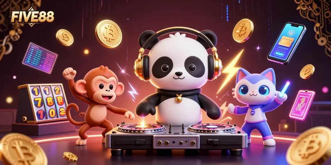 Engage in exciting gaming at FIVE88 with a vibrant 3D casino illustration featuring dynamic characters.