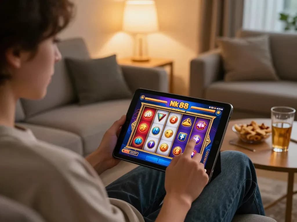 Person enjoying online slots on Nk 88 tablet at home with cozy ambiance and vibrant game screen.