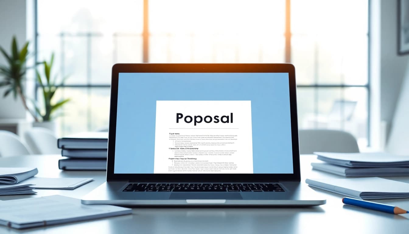 Engaging workspace for Customized Proposal Writing featuring a laptop, notepad, and organized documents.
