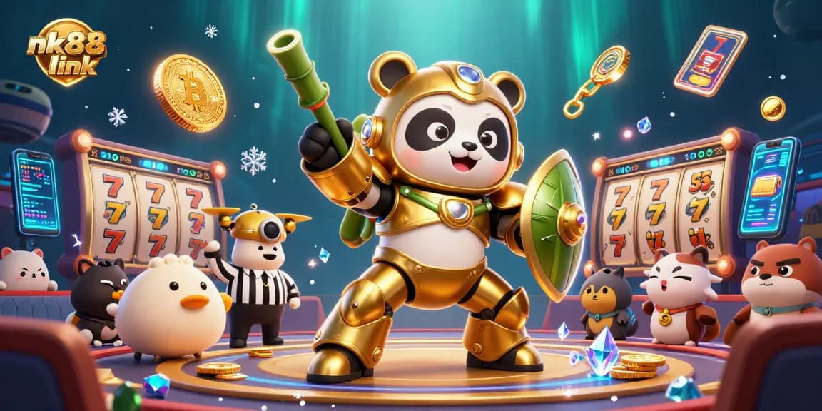 Witness thrilling action at nk88 link with a mech-suit panda battling amidst jackpot slots and cryptocurrency elements.