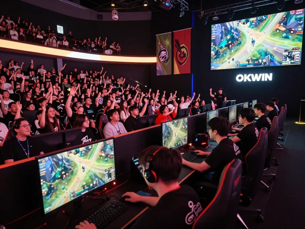 Engaging gamers at an OKWIN esports event, capturing competitive excitement in the arena.