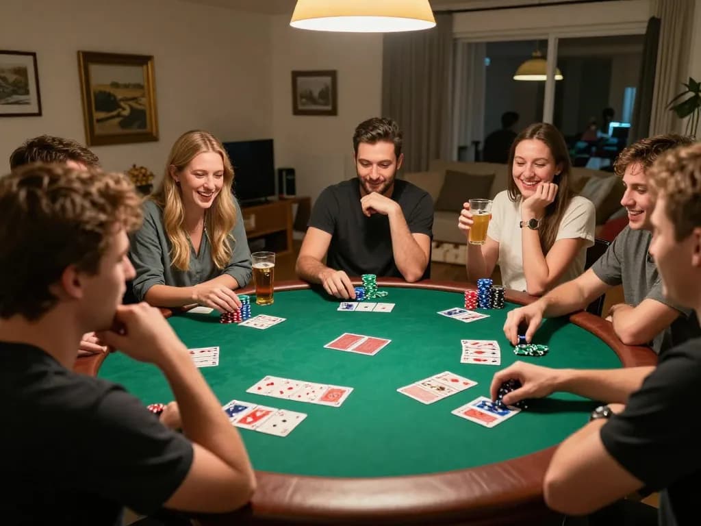 Playing poker with friends at home during a 부산비비기 night, showcasing strategy and fun in a vibrant atmosphere.