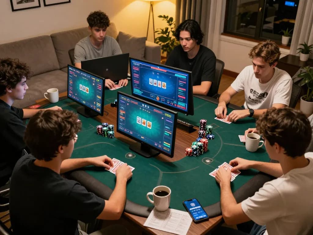 Engaging online poker game with players using 123b app in a cozy home setting.