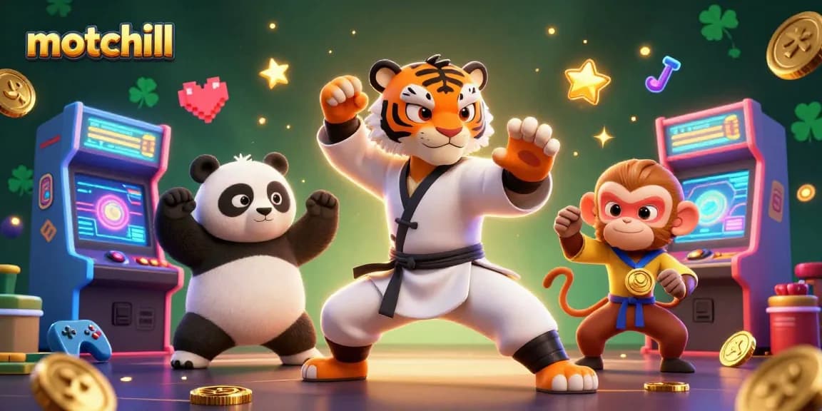 Engage with motchill's vibrant casino world featuring animated characters, game elements, and a rich design.