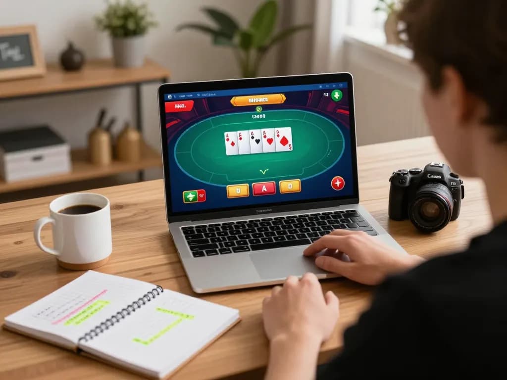 Player enjoying an online poker game on their laptop, illustrating responsible gambling with vipwin
