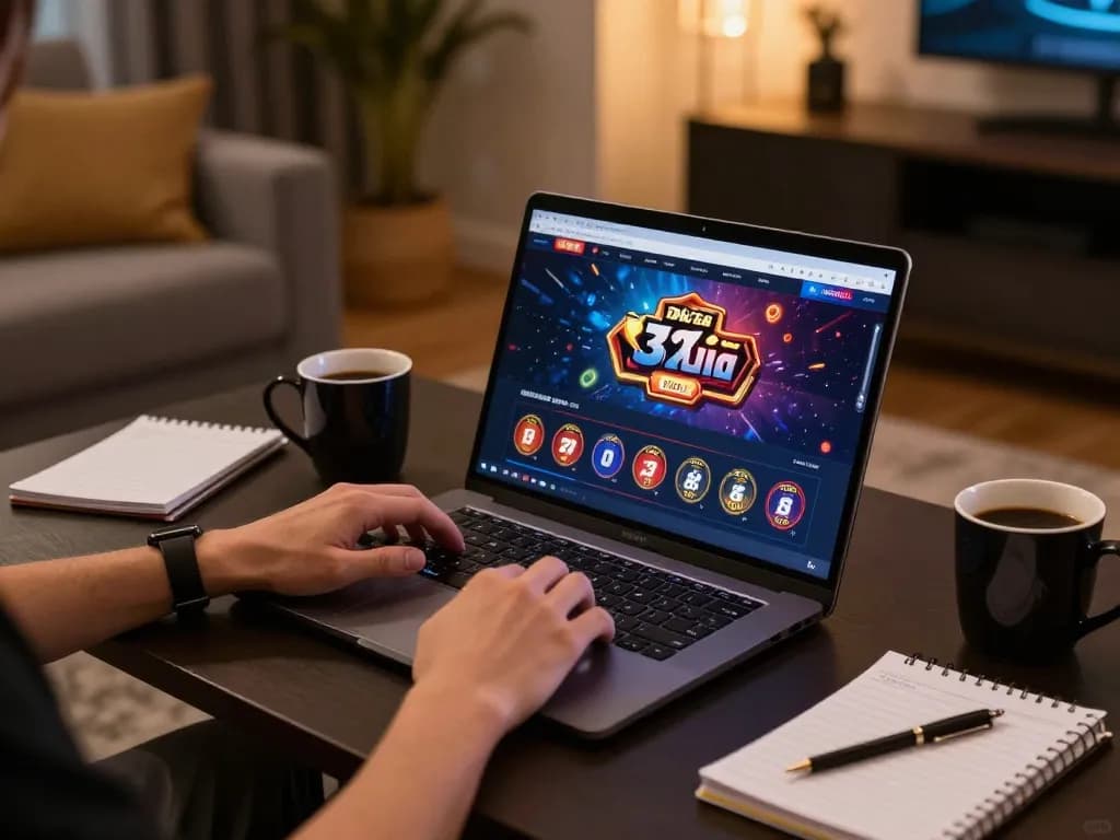 Engaging online gambling session at 32win featuring active betting on a sleek laptop in cozy setting.