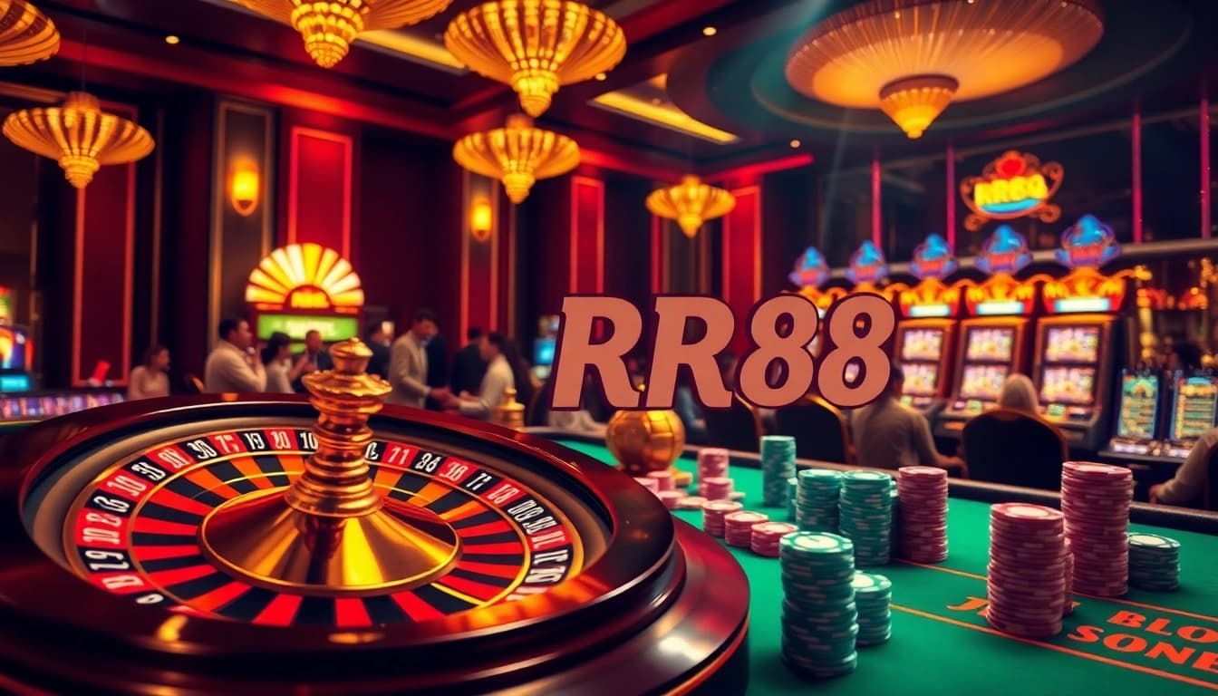 Players enjoy thrilling games at RR88's vibrant online casino, featuring roulette and spacious gaming tables.