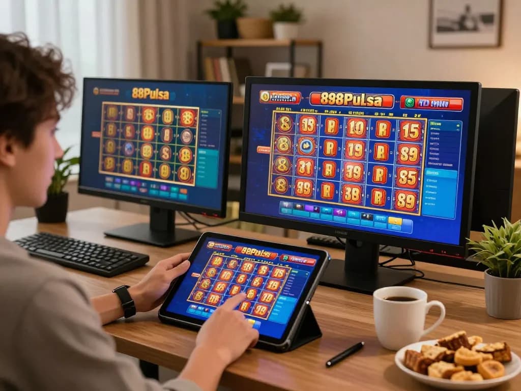Pemain yang terlibat menikmati slot 88Pulsa di rumah, menampilkan setup permainan modern.