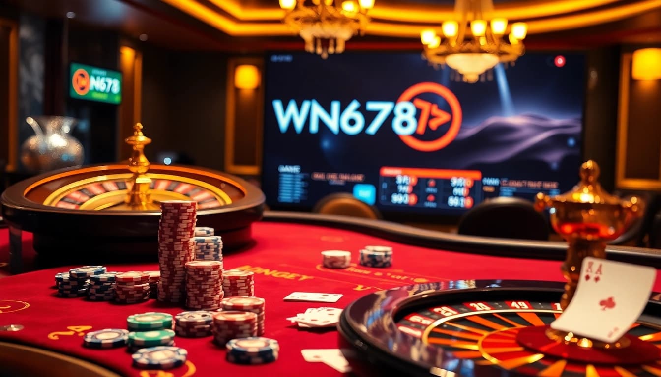 Exciting gameplay at nhà cái WN678 showcasing a luxurious casino atmosphere with cards and chips.