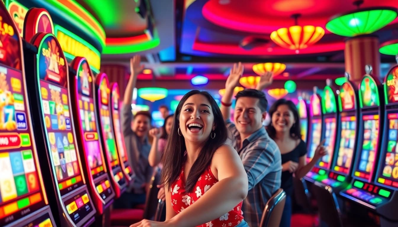 Bermain slot gacor dengan ceria di kasino yang penuh warna dan atmosfer meriah.