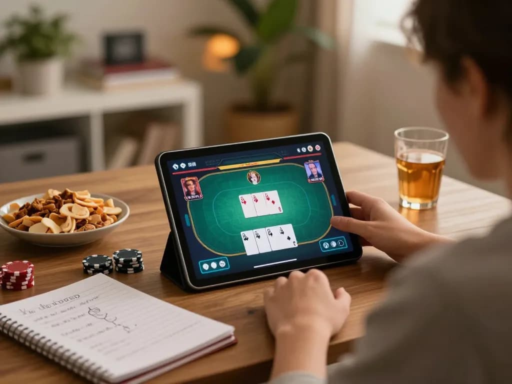 xx88 player engaging in an exciting online poker game on a tablet, showcasing strategic gameplay.