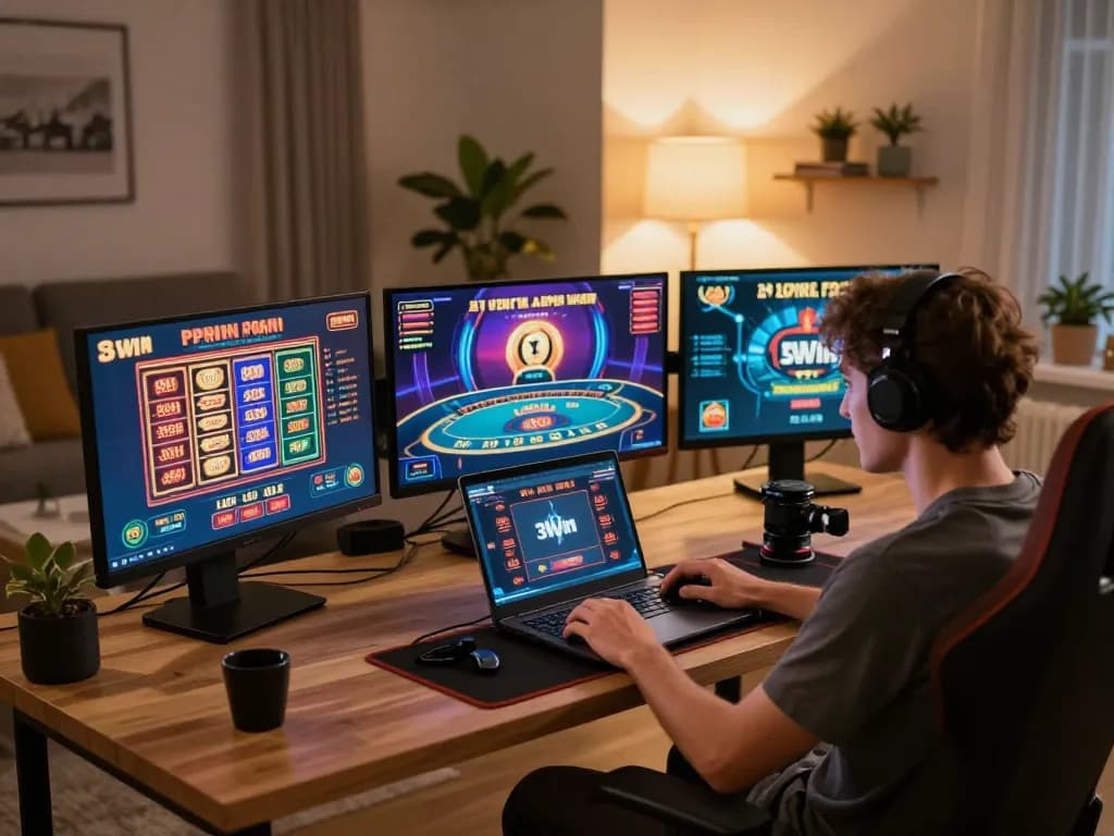 Player enjoying 3Win online casino games on laptop in cozy home setup, highlighting exciting gaming experience