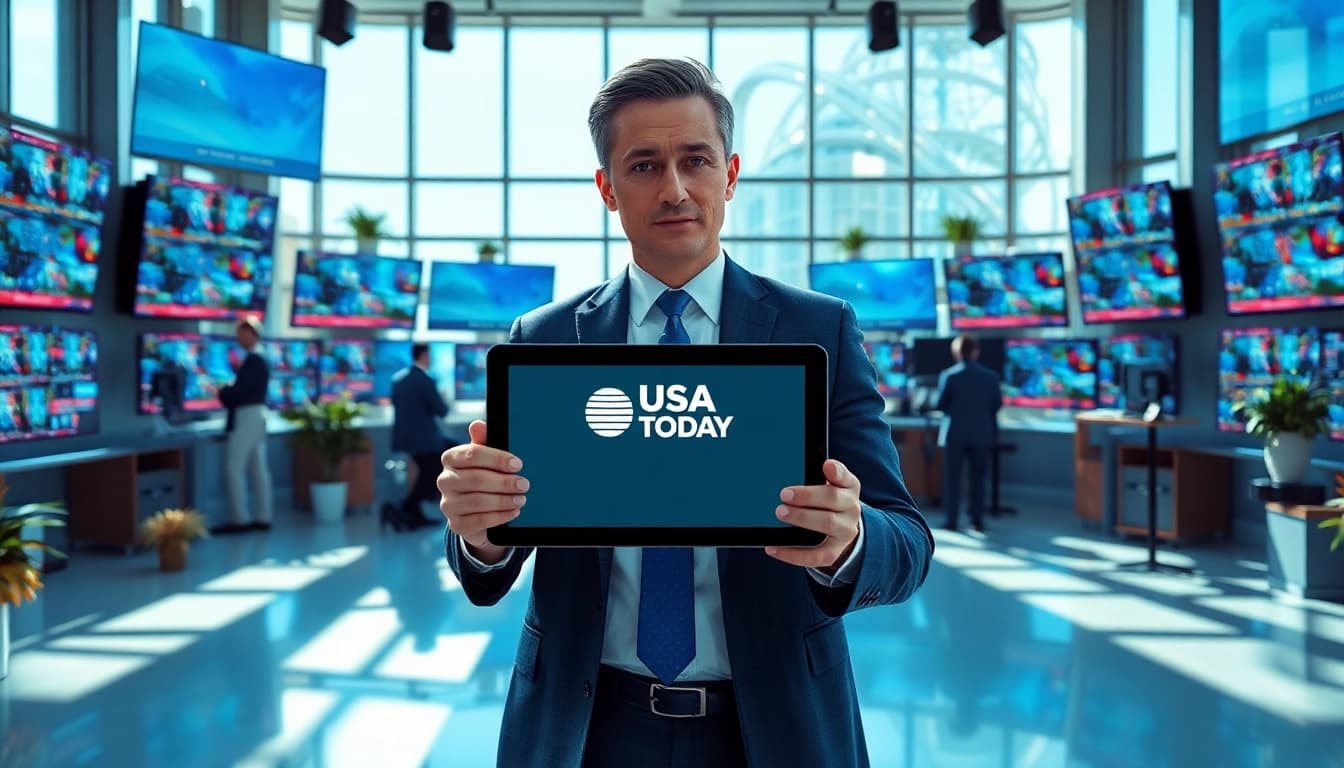 Capture the essence of USA Today journalism with a professional in a modern newsroom.