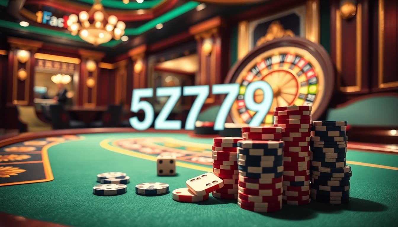 Experience the thrill of gambling with 5Z7779 featuring vibrant casino tables and poker chips.