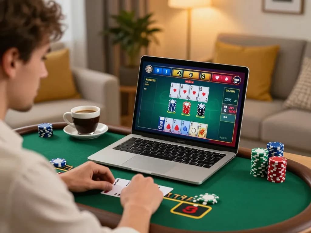 Player engaging in a live dealer blackjack game on king33, showcasing strategic gameplay in a cozy home setting.