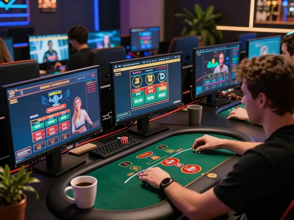 FB88 online gaming setup showing professional player engaged in poker strategy on multiple screens.