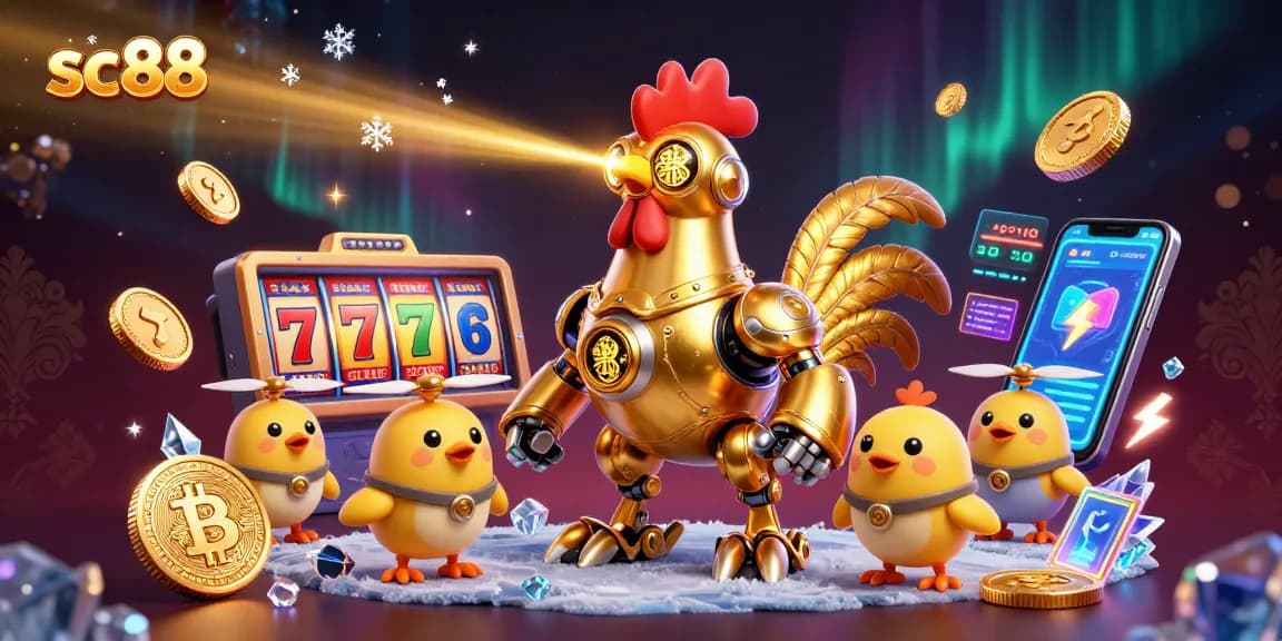Experience sc88's dynamic gaming scene with a golden rooster robot, dazzling slot reels, and crypto elements.