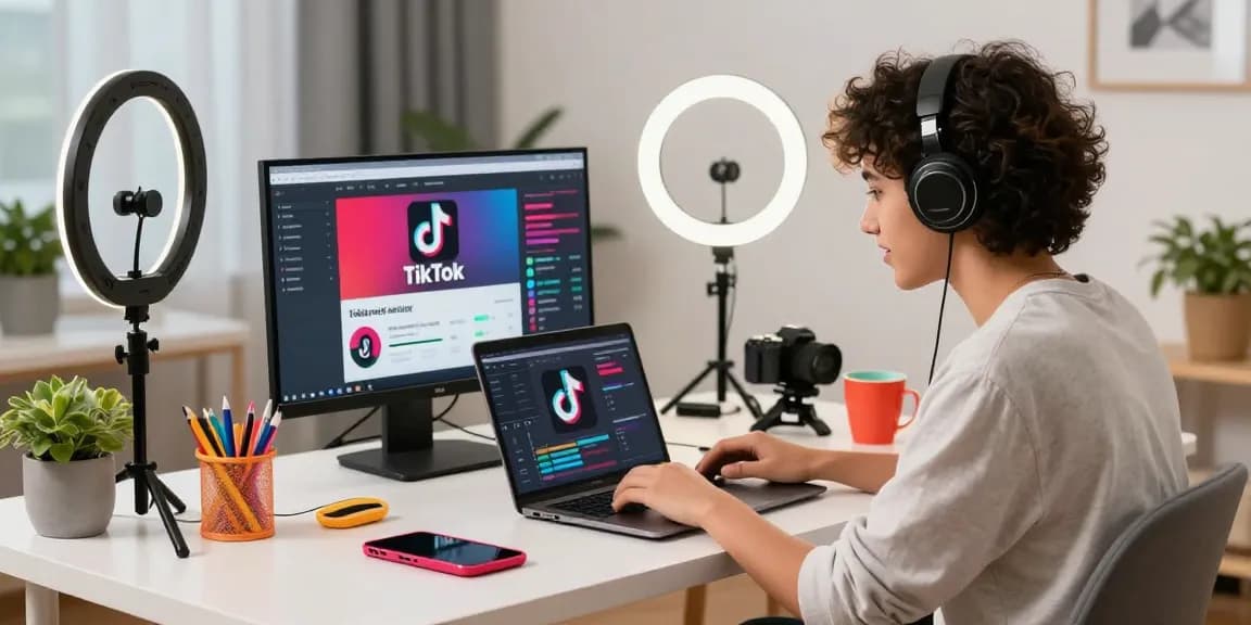 Young influencer creating TikTok content at a stylish workspace, illustrating how to buy TikTok followers.