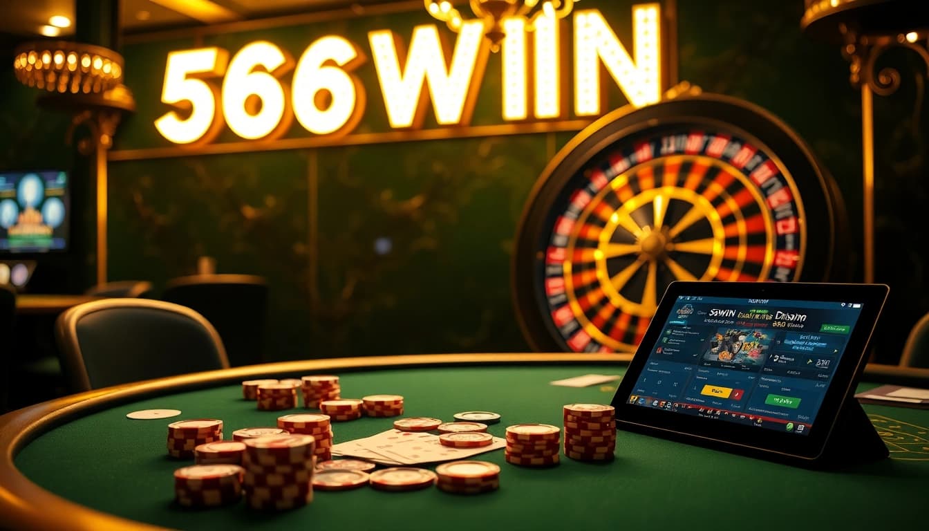 Experience the thrill of winning at 56WIN casino with vibrant gaming visuals and luxurious ambiance.
