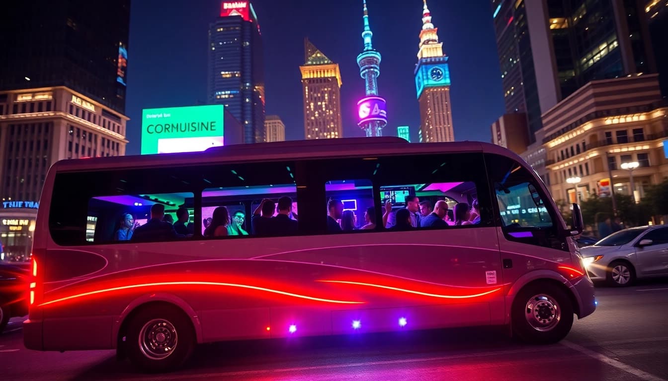 Party bus hire UK experience with lively interior and city lights.