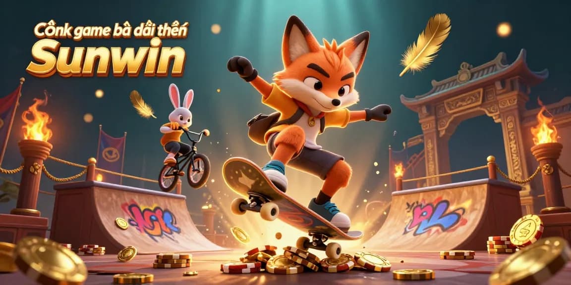 Cổng game bài đổi thưởng Sunwin showcases a dynamic 3D illustration of a skateboarder fox and BMX-riding rabbit on poker chips.