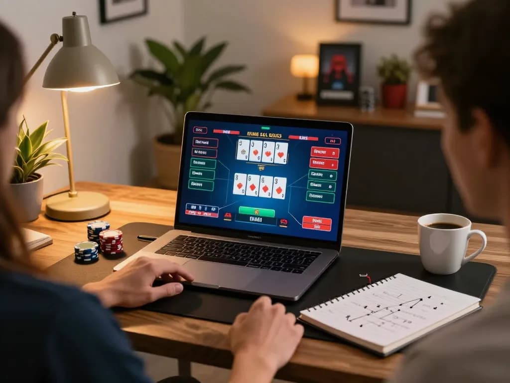 LUCK8 player excitingly betting during an online poker game on a laptop.