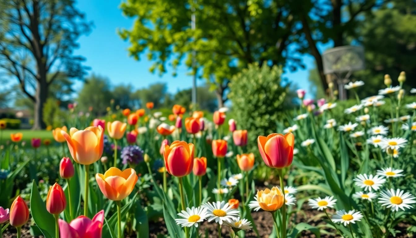 Gardening scene showcasing vibrant flowers and green foliage in a beautifully maintained garden.