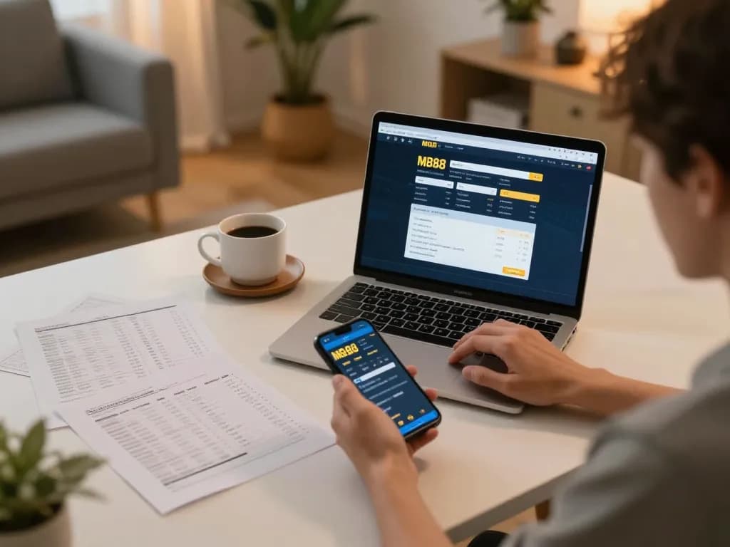Betting enthusiast analyzing odds on MB88 sports platform with strategic papers at home