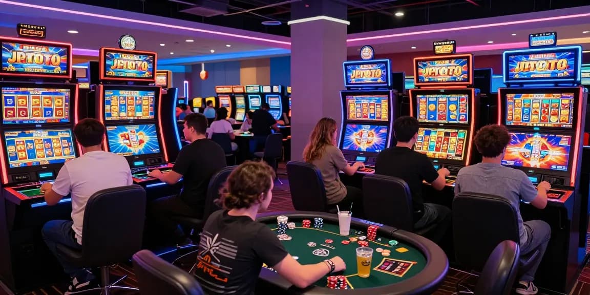 Players enjoying JPTOTO-themed online casino games in an exciting gaming lounge