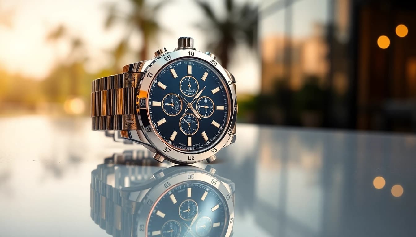 Admire the craftsmanship of a luxurious replica watch on a reflective surface.
