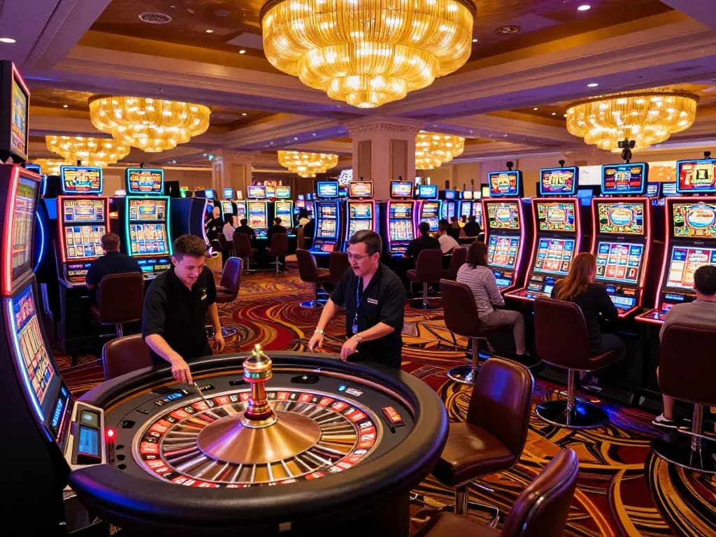Players engaged in exciting roulette gameplay at a vibrant casino floor showcasing tr88 atmosphere