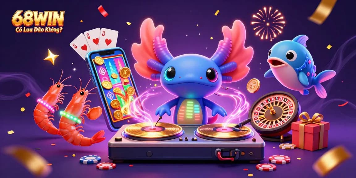 Experience 68WIN Có Lừa Đảo Không? in a vibrant casino scene with colorful game elements and excitement.