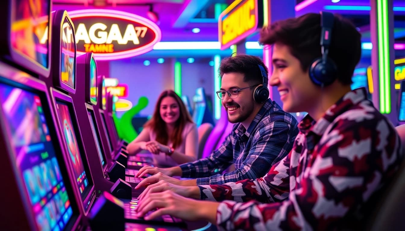 LAGAGAME77 gaming experience with excited players interacting with modern devices in a vibrant setting.