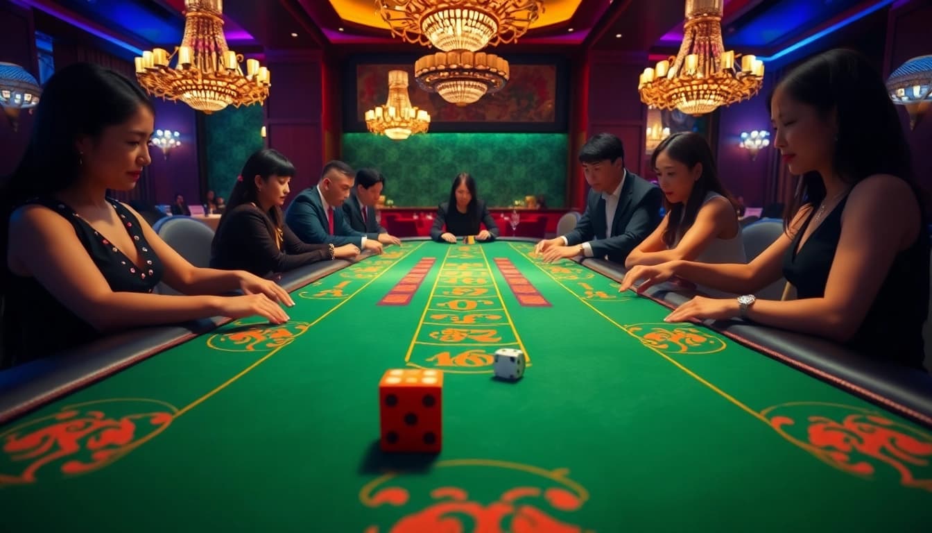 Experience the thrill of 789club tài xỉu with vibrant casino gameplay featuring dice, chips, and enthusiastic players.