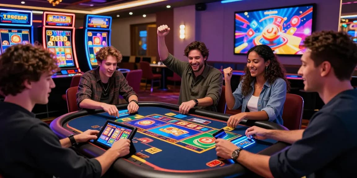 A lively credit card casino site scene showing players engaged in digital slot games, highlighting excitement and interaction in a vibrant atmosphere.