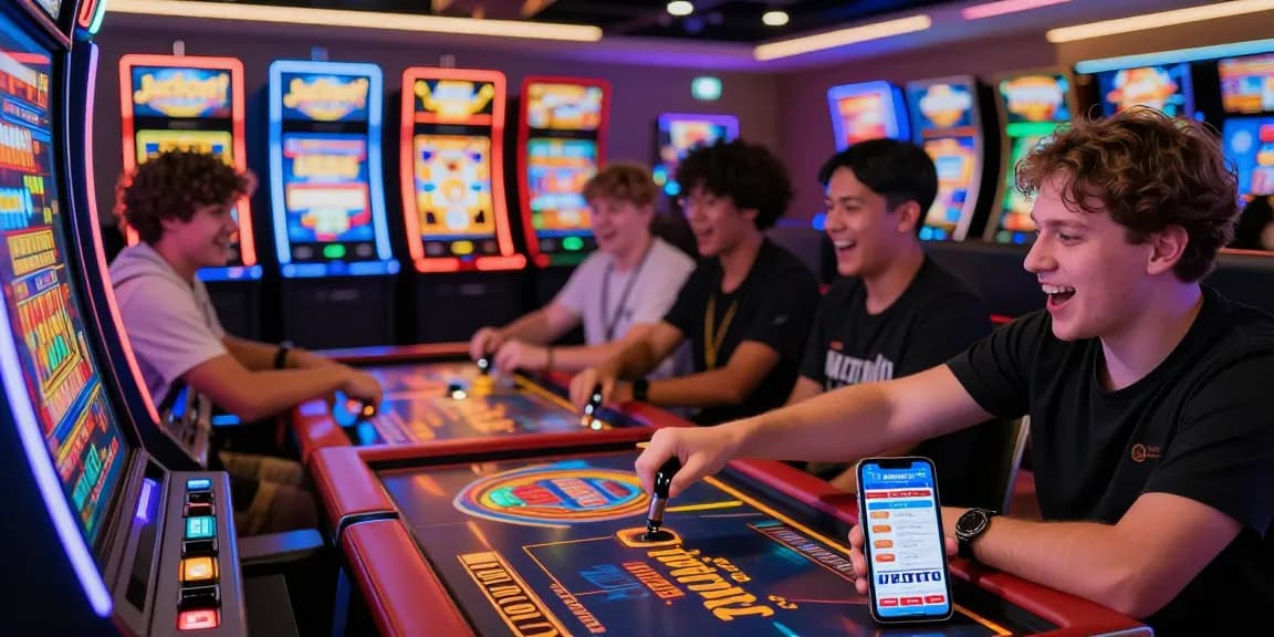 Excited players at a JPTOTO gaming table celebrating wins in a vibrant casino atmosphere