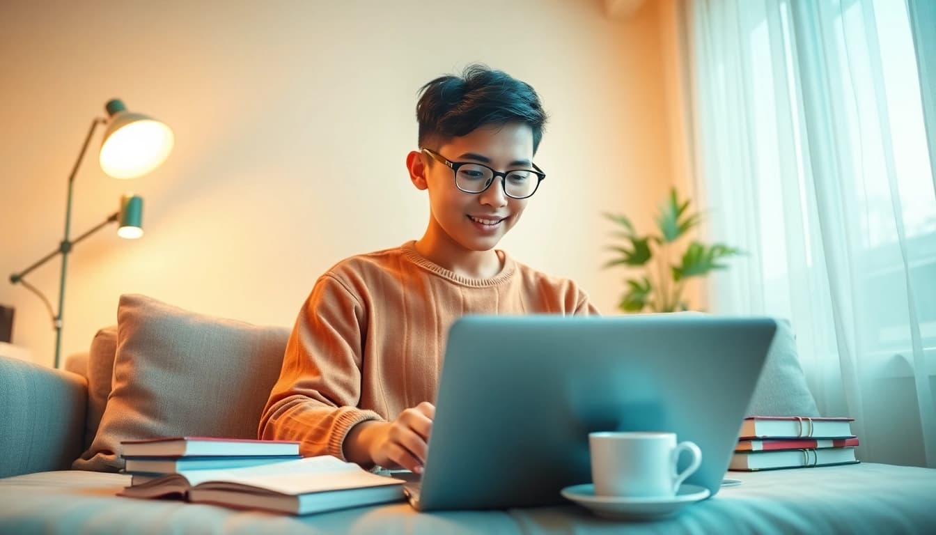 スタディサプリTOEIC キャンペーンコードの要素を含むオンライン英語レッスンに取り組む学生。前向きな学習環境を促進。